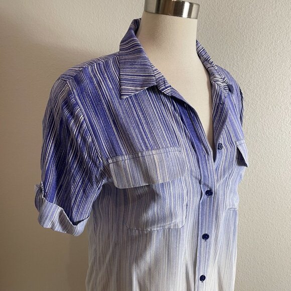 NEW Equipment Womens Medium Biro Blue Multi Short Sleeve 100% Silk Shirt Blouse - Picture 2 of 10